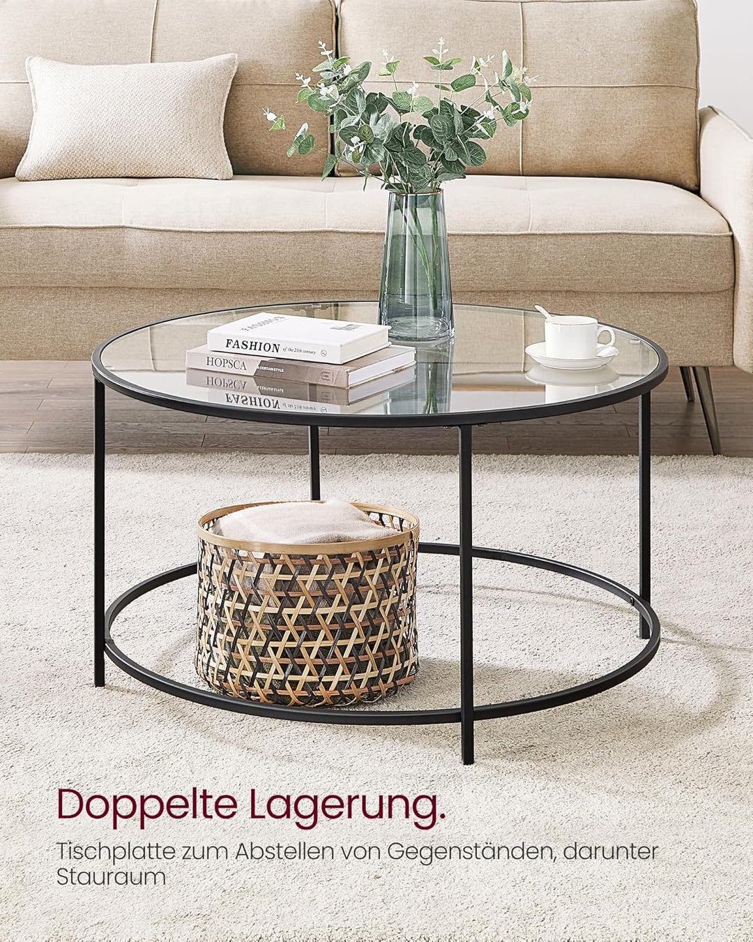 VASAGLE Runder Couchtisch, Ø 84 cm, Wohnzimmertisch mit Stahlgestell, Salontisch, Beistelltisch, sch