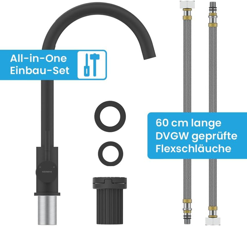 Bächlein Küchenarmatur Gleno (matt schwarz) – Einhand-Spültischbatterie aus Edelstahl mit 360° schwe