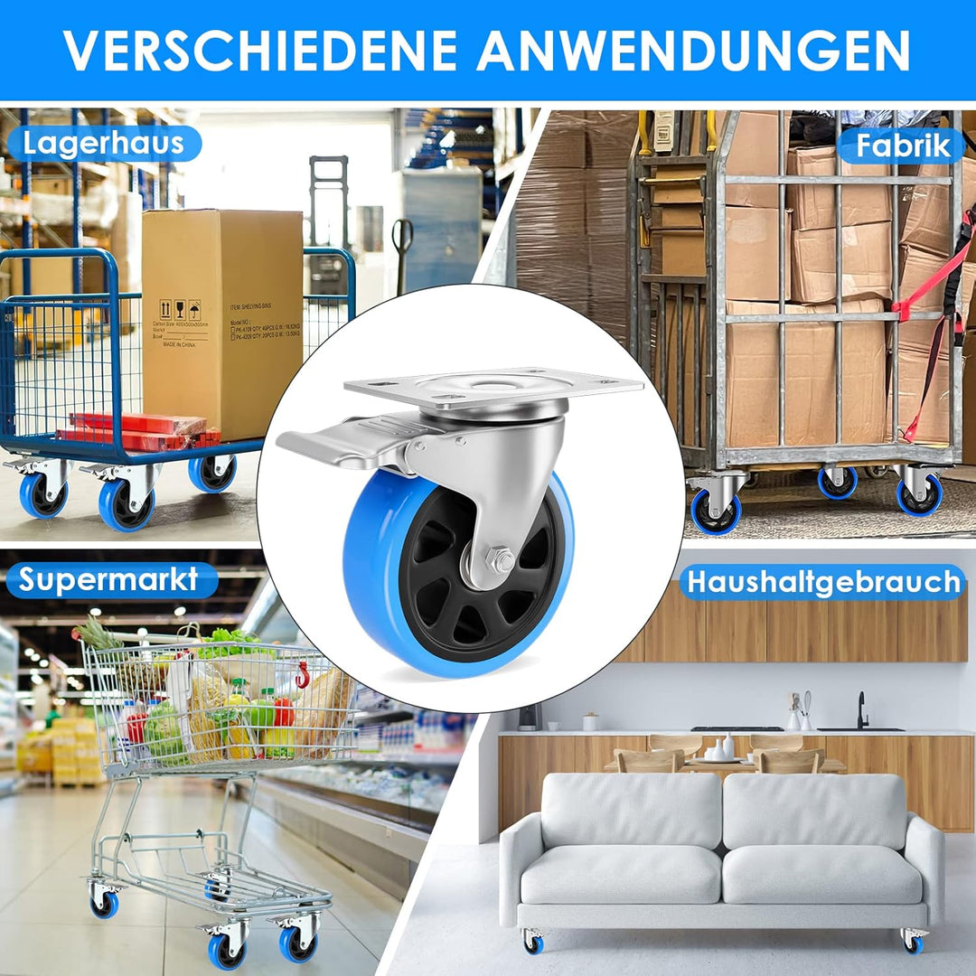Asibaade 4PCS Schwerlastrollen 125mm inkl. Montagezubehör Transportrollen Lenkrollen mit Bremsem 360