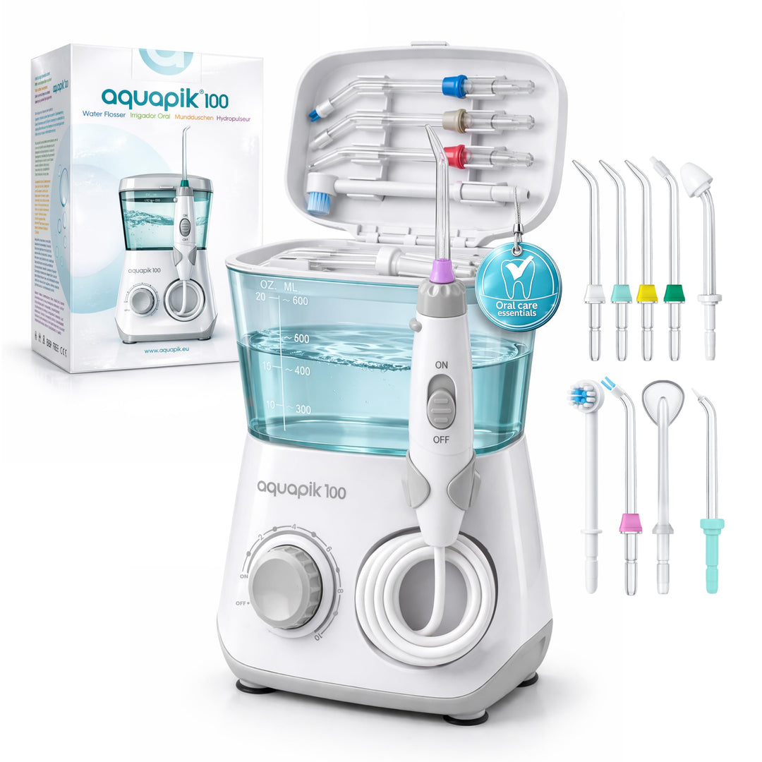 Aquapik® 100 professionelle Munddusche | Plaqueentferner + von Zahnärzten empfohlen | 8 Düsen, 10 Dr