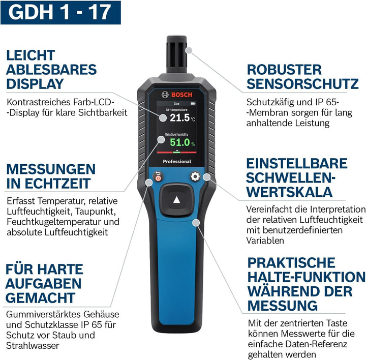 Bosch Professional Thermo-Hygrometer GDH 1-17 (Echtzeit-Messwerte, kontrastreiche Farb-LCD-Anzeige,