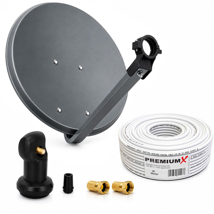 PremiumX Camping Sat Anlage 45cm Antenne Single LNB 10m Koaxialkabel 2X F-Stecker Camping Wohnwagen