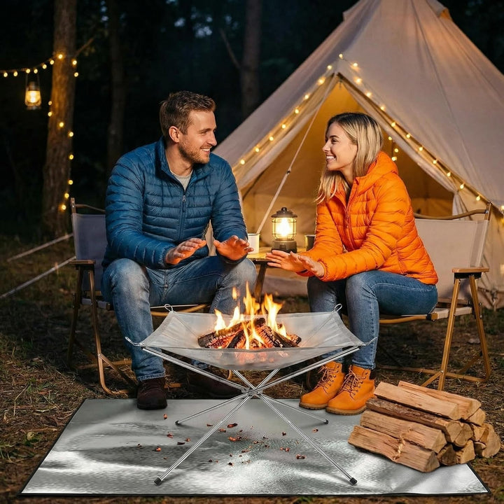 Tragbare 42cm Feuerschale Edelstahl mit 50x100cm Brandschutzmatte | Klappbare Feuerstelle Outdoor fü