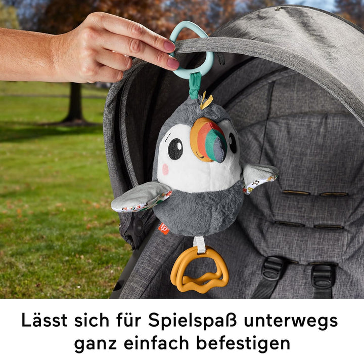 Fisher-Price Flap & Go Tukan - Plüschiges Kinderwagenspielzeug, fördert Feinmotorik und sensorische