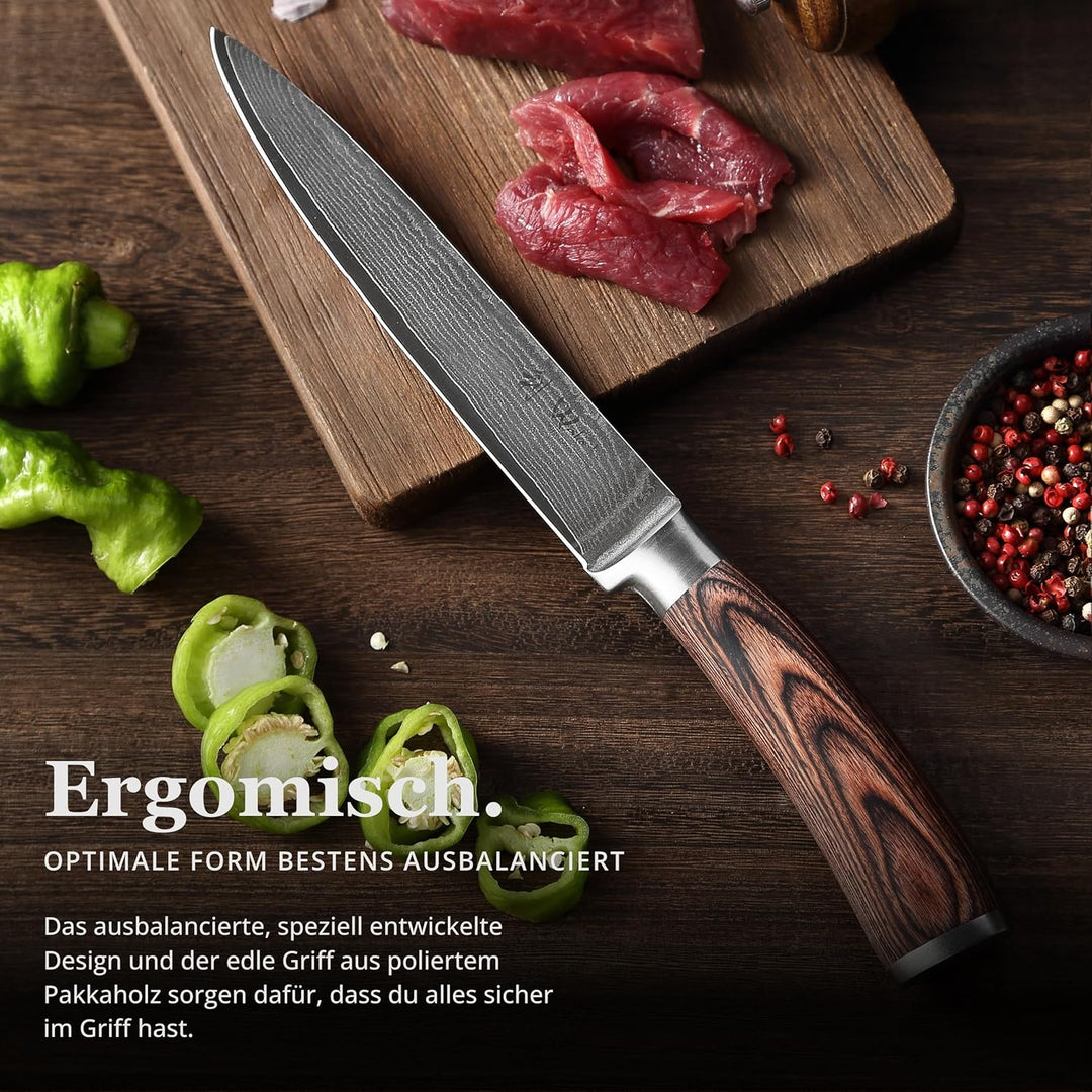 Wakoli EDIB Damast Fleischmesser mit Gravur – Personalisiertes Messer, 18cm Klinge aus 67 Lagen Dama
