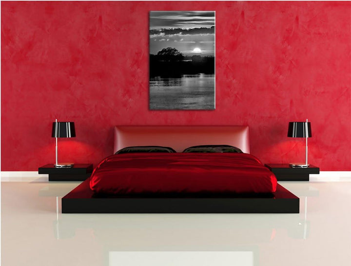 Pixxprint Monocrome, romantischer Sonnenuntergang über Fluss, Format: 100x70 auf Leinwand, 100x70