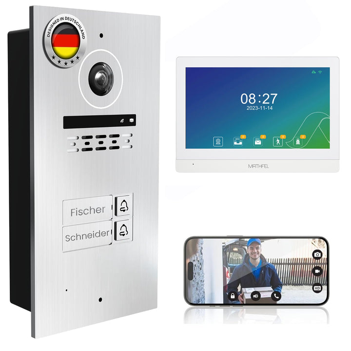 MATHFEL 2 Familienhaus 2 Draht Bus WLAN Video-Türsprechanlage, 2X 10 Zoll Touchscreen Monitore mit F