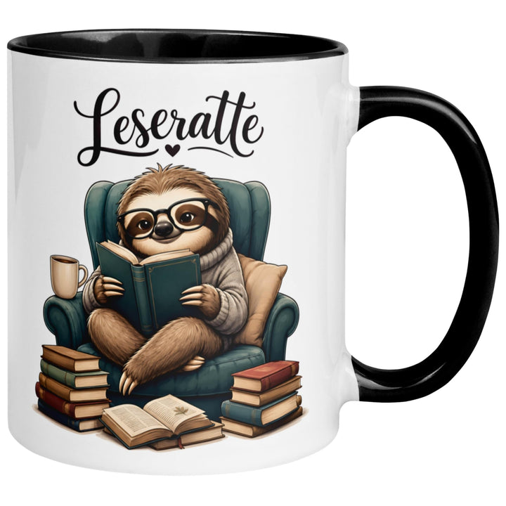 Faultier Tasse | Faultier mit Buch im Sessel | Lustiger Geschenk Becher für Leseratten und Bücherwur