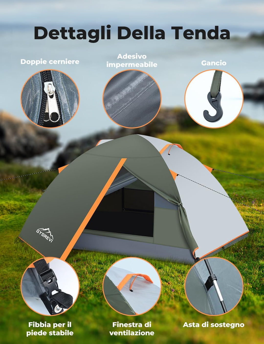 Campingzelt für 2-3 Personen, Doppel-Tür-Zelt, wasserdicht &amp; winddicht, innen und aussen, 2-in-1, ge