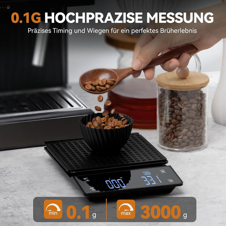 bemece USB Wiederaufladbare Digital kaffeewaage, Kaffeewaage mit Timer, Multifunktionale Küchenwaage