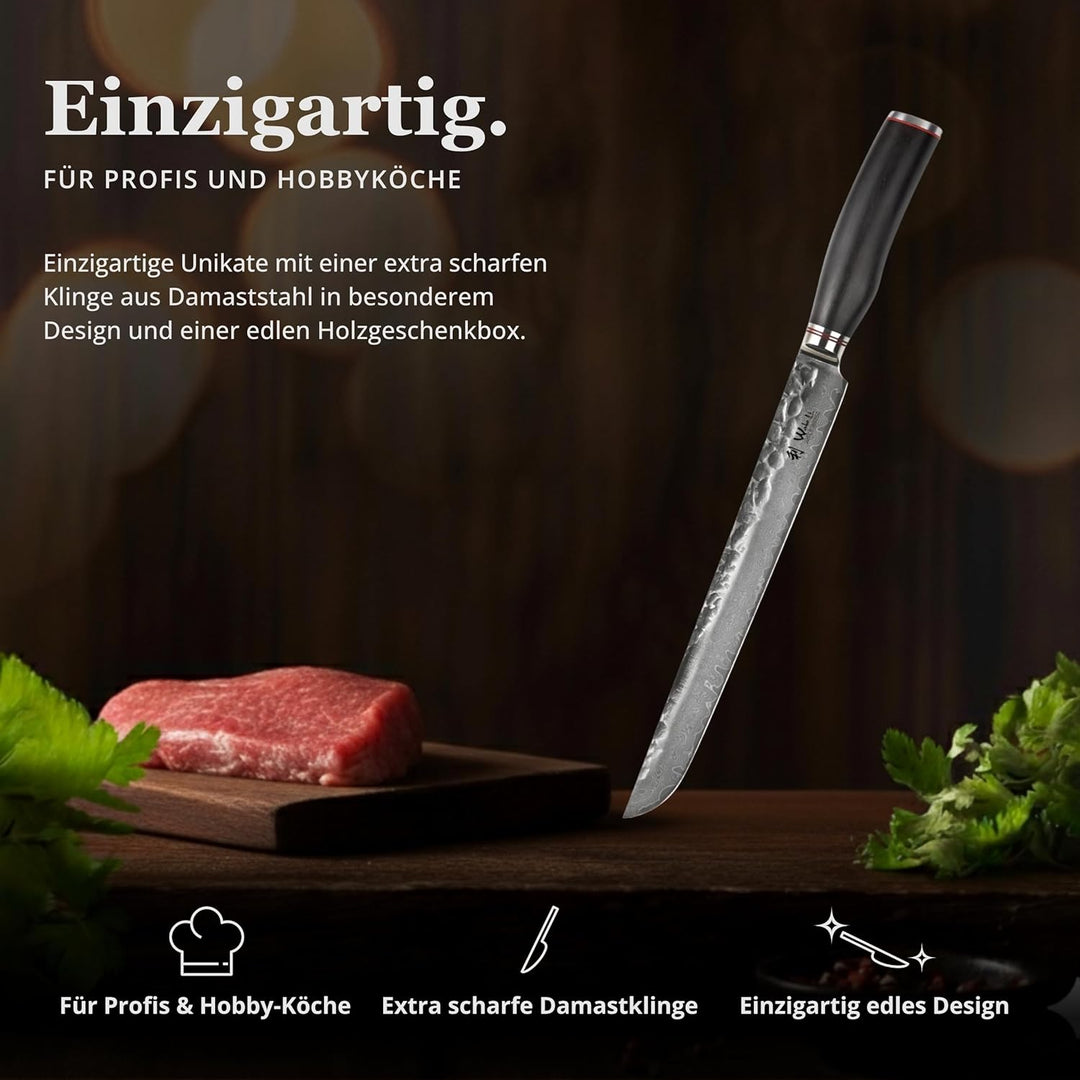 Wakoli EBO Premium Fleischmesser Tanto mit 27,5 cm Klinge und Hammerschlag gefertigt aus 67 Lagen ec