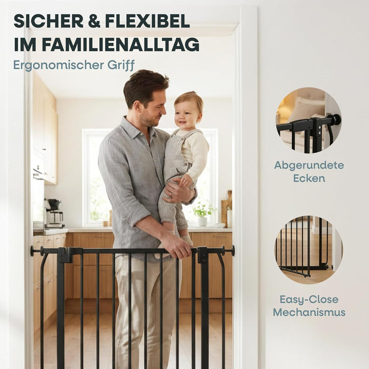 Safetots Elite Pressure Treppenschutzgitter Schwarz – Ohne Bohren – Auto-Close & Stay-Open ab 90° –