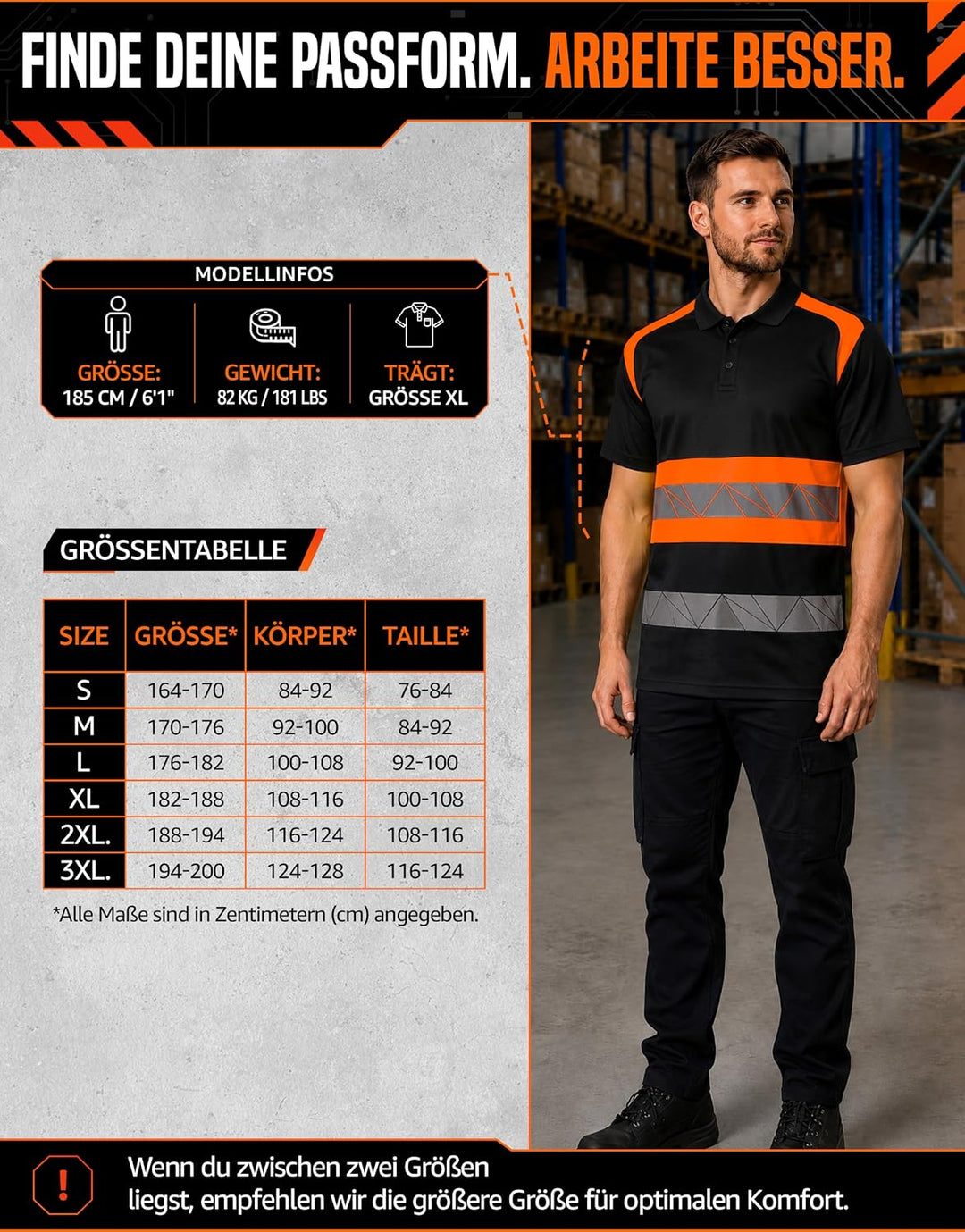 Warnschutz T-Shirt Polo - Atmungsaktiv mit Reflexstreifen und Baumwolle - Warn Tshirt Herren XL Schw