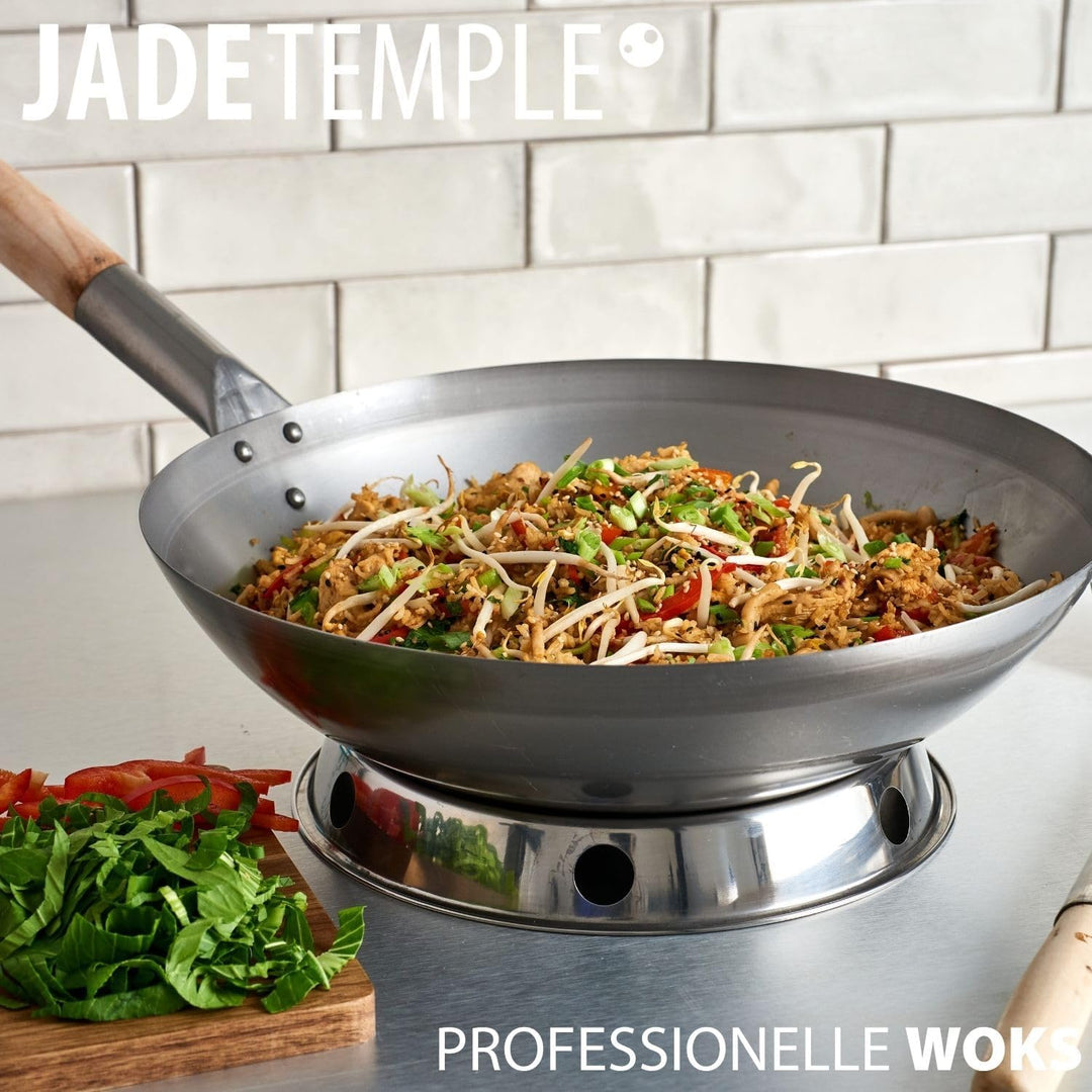 JADE TEMPLE Wok aus Carbonstahl, mit rundem Boden und 33 cm Durchmesser, mit rundem Holzgriff, 56 x