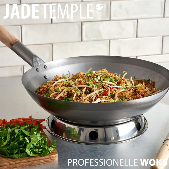 JADE TEMPLE Wok aus Carbonstahl, mit rundem Boden und 33 cm Durchmesser, mit rundem Holzgriff, 56 x