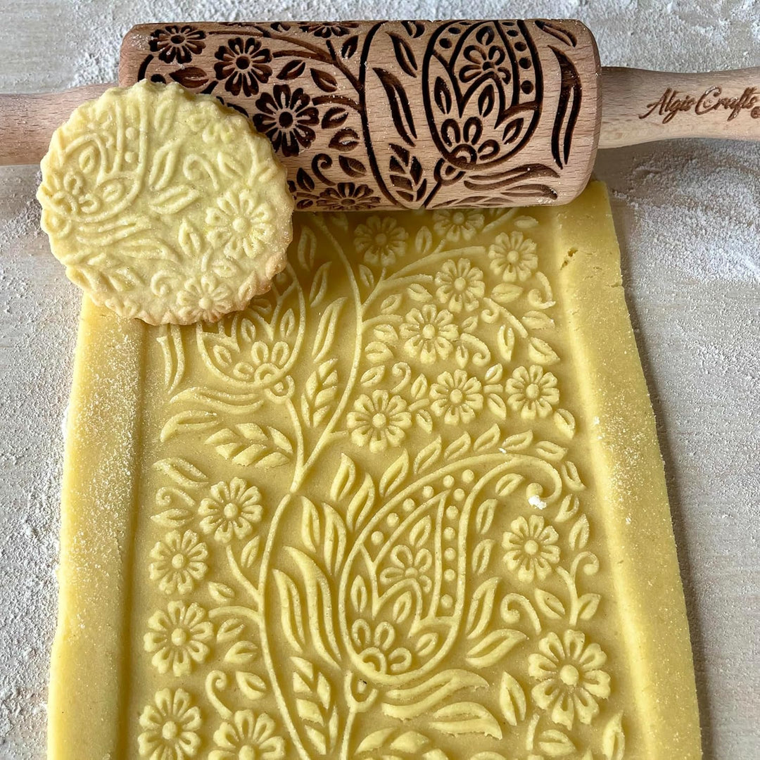 FLORET 3-er SET Kinder Nudelhölzer. Teigrolle mit Lotus, Kaschmir, Paisley blühende, Rebe und Lilie