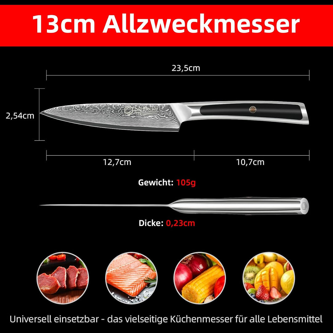 Sunnecko Damast Allzweckmesser Kochmesser 13cm Profi Damast Küchenmesser, 67 Schichten Damastmesser