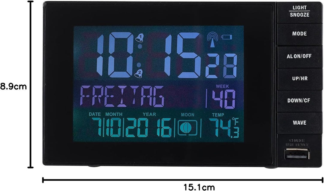 infactory Wecker mit Netzteil: Funkwecker mit Temperatur-Anzeige, USB-Ladestation (2 A), 2 Weckzeite