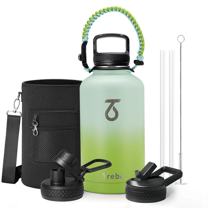 Trebo Isolierte Wasserflasche mit Paracord-Griff und Strohhalm, 1,8 l Fassungsvermögen, Edelstahl, g