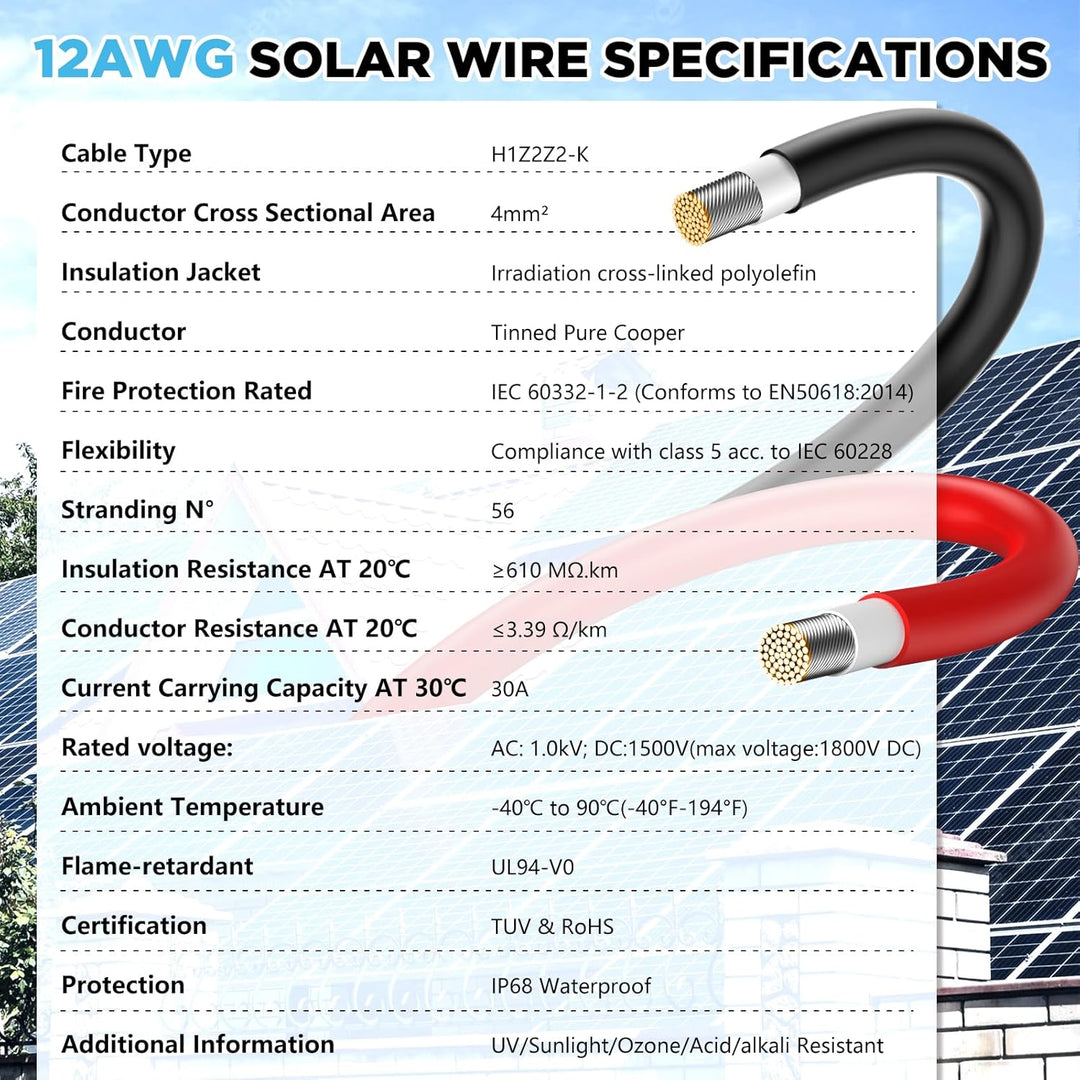 Oududianzi Solarkabel 4 mm² 15 m, Verlängerungskabel Solarpanel 10/15/20/30 m, Photovoltaikkabel, So