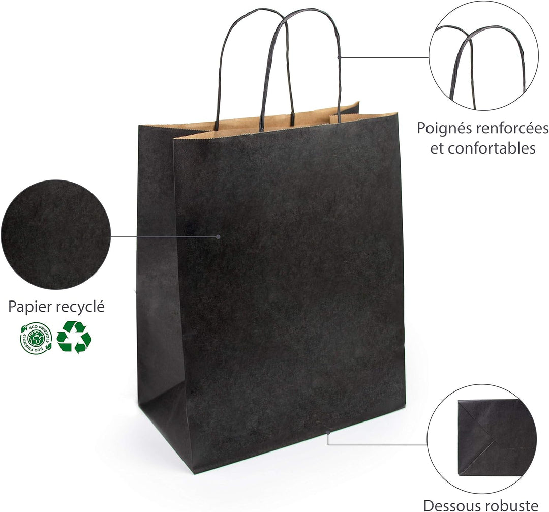 Extiff 50 Stück Einkaufstaschen aus Kraftpapier schwarz mit Griffen – 26 x 14 x 32 cm Einkaufstasche