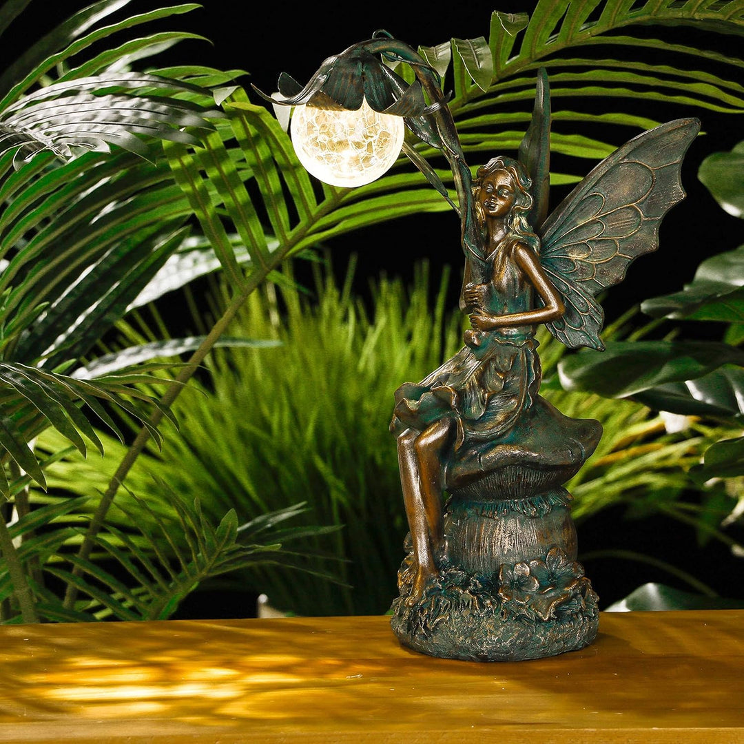 TERESA'S COLLECTIONS Gartenfiguren für aussen, Gartendeko für draussen, 35cm Sitzende Elfen mit Sola