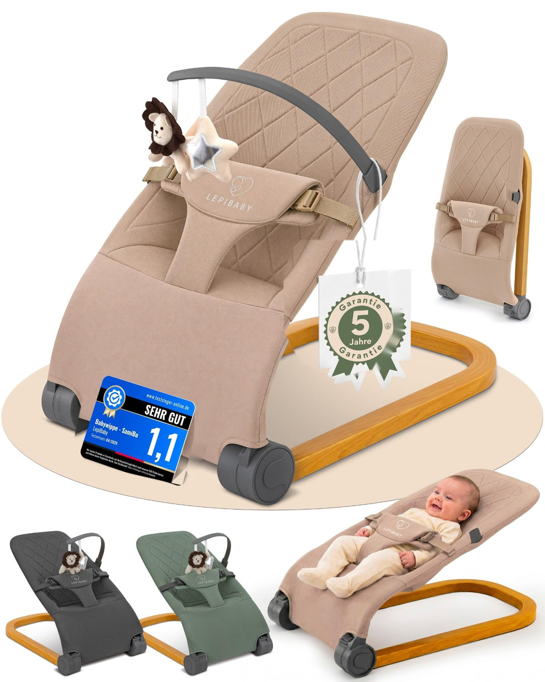 SamiBu Babywippe Faltbar &amp; Verstellbar | Baby Wippe Neugeborenen | Bouncer Newborn mit Spielbogen |