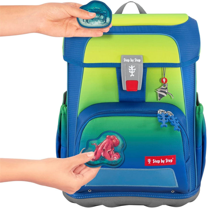 Step by Step Schulranzen-Set Cloud Ocean Red Octopus Pius, 5-teilig, gelb-blau, ergonomischer Tornis