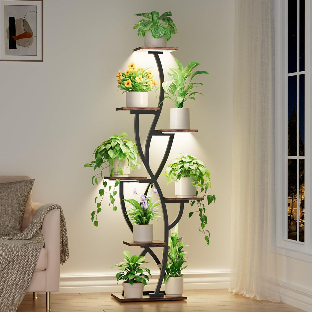 Pflanzenregal mit Wachstumslicht - 7 Ebenen Blumenständer 147cm Metall Holz Pflanzenständer - Innen