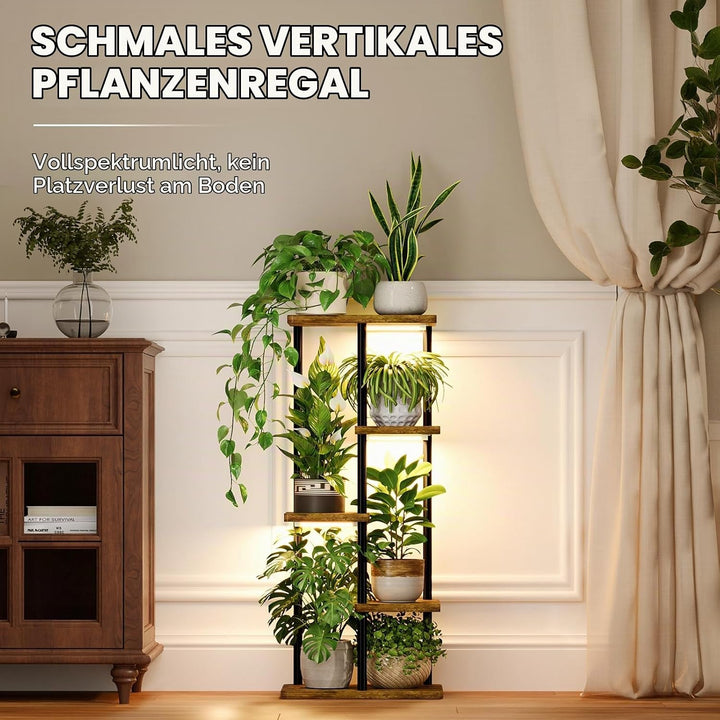 Bamworld Pflanzenregal Indoor mit LED-Wachstumslicht, 5 Ebenen Blumenständer Holz &amp; Metall, Mehrstöc