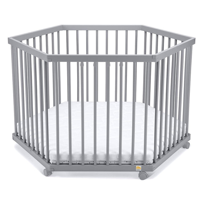 FabiMax Baby Laufgitter 6-eck Grau lackiert, stufenlos höhenverstellbar, mit Schlupfsprossen, Laufst
