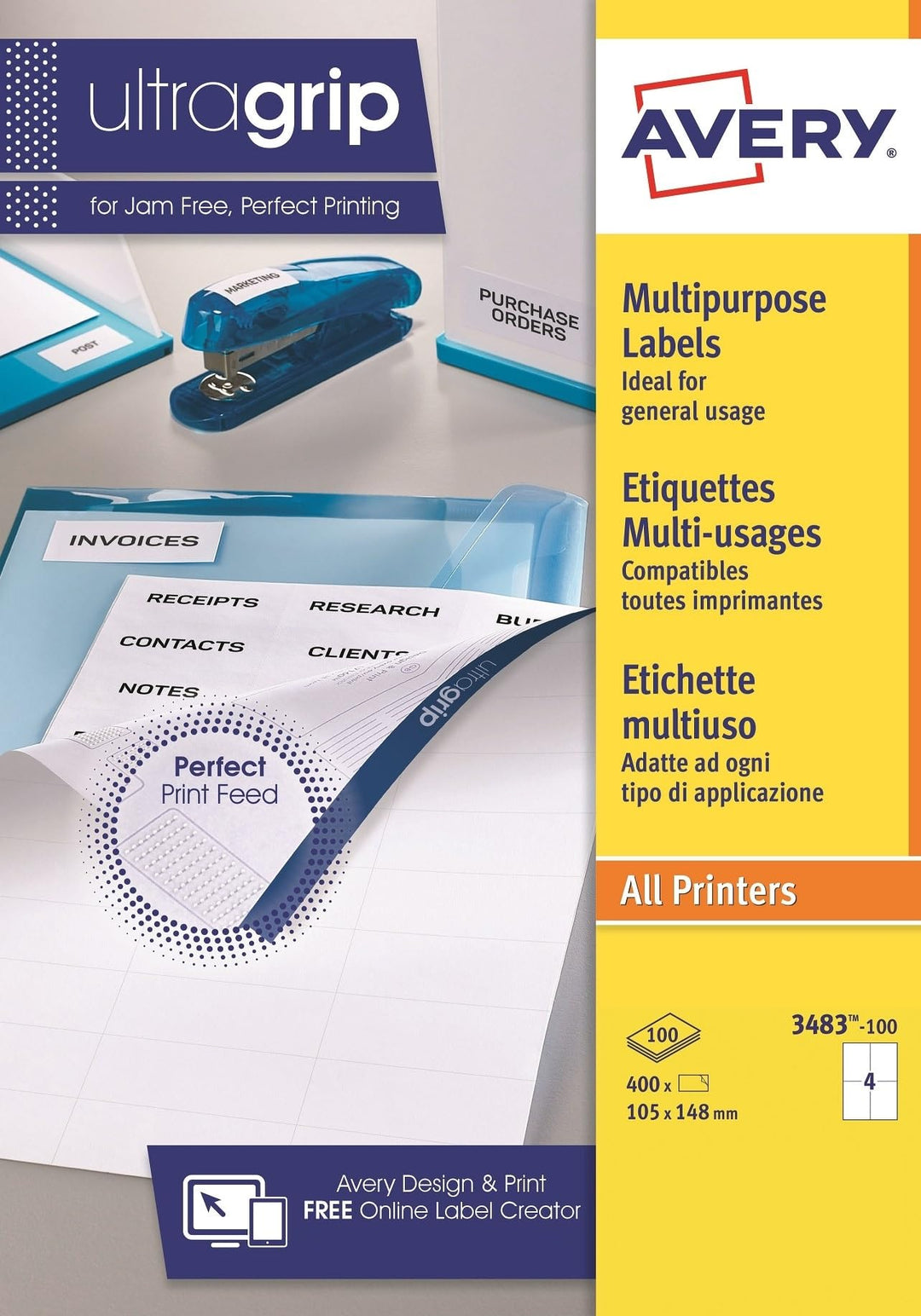 Avery 400 selbstklebende Etiketten, mehrzweck (4 Pro Blatt) – 105 x 148 mm – Eindruck Laser, Tintens