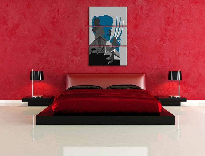 Wolverine mit ausgefahrenen Klingen schwarz/weiss 3-Teiler Leinwandbild 120x80 Bild auf Leinwand, XX