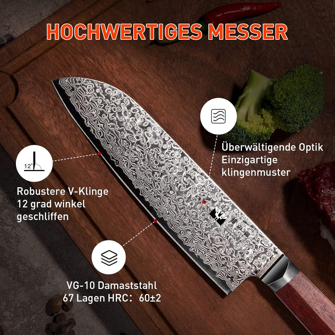 FUJUNI Damastmesser Santoku Messer damast Mit Extrem Scharf 18cm Klinge Aus 67 Lagen VG-10 Damaststa