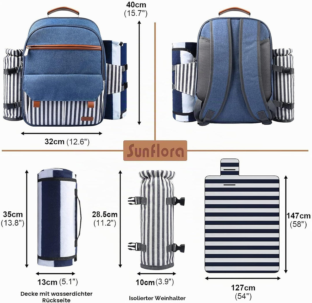 Sunflora Picknick Rucksack Set 2 Personen mit Isoliertem Kühlung und Decke, Picknickkorb 2 Personen