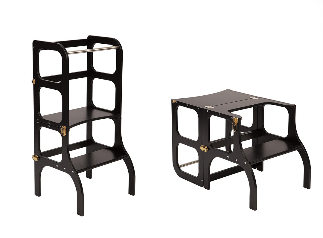 Klappbarer Lernturm mit Sitzfunktion, 45 cm Stehhöhe, Step’n’Sit, Lernturm mit Sitz und Tisch umklap