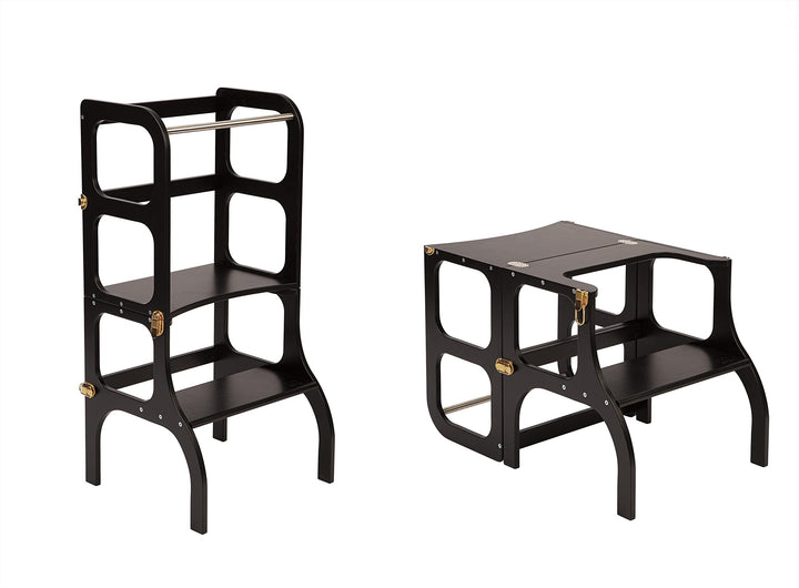 Klappbarer Lernturm mit Sitzfunktion, 45 cm Stehhöhe, Step’n’Sit, Lernturm mit Sitz und Tisch umklap