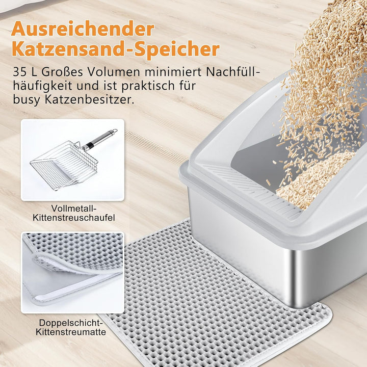 FURTIME Katzenklo Edelstahl XXL, Katzentoilette Edelstahl 35L Grosse Kapazität Auslaufsicher Gegen V