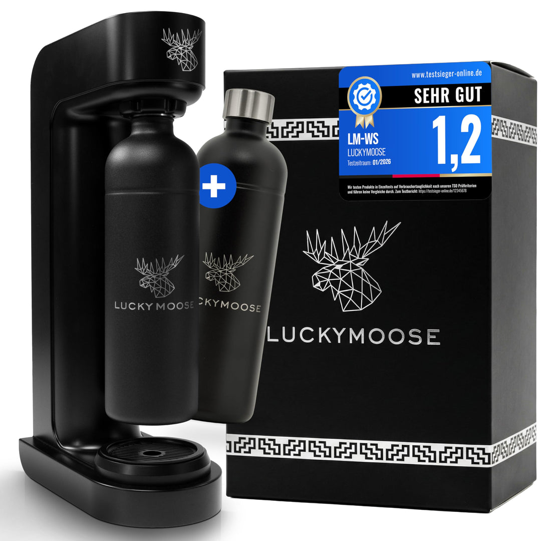 Luckymoose® Infinity Wassersprudler mit 2x 1,25L Edelstahlflaschen - Spart bis zu 25% CO2 dank Stopp
