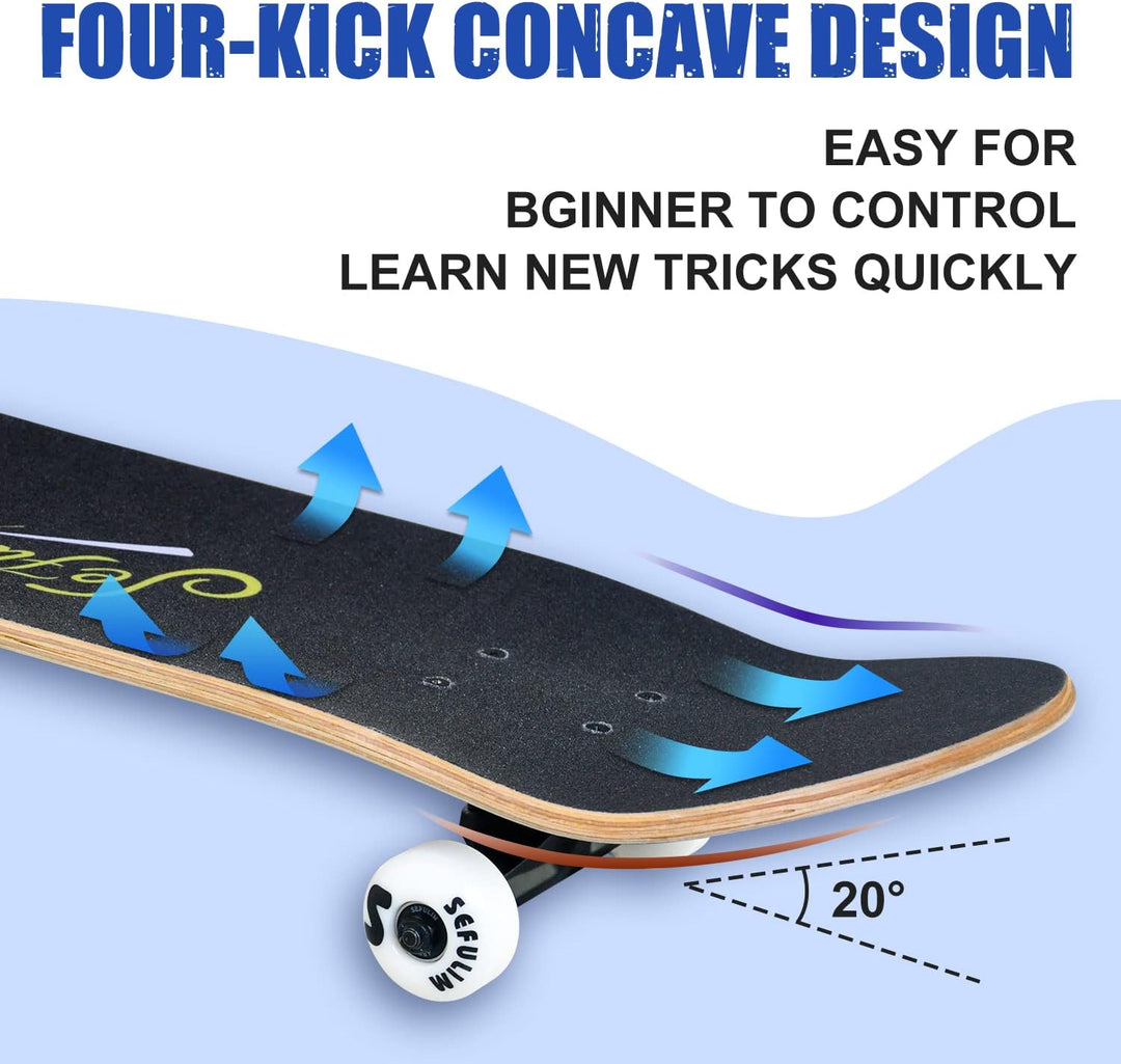 Sefulim 78,9 x 20,3 cm komplettes Skateboard, 7-lagig, kanadischer Ahorn, Doppel-Kick-Deck-Skateboar