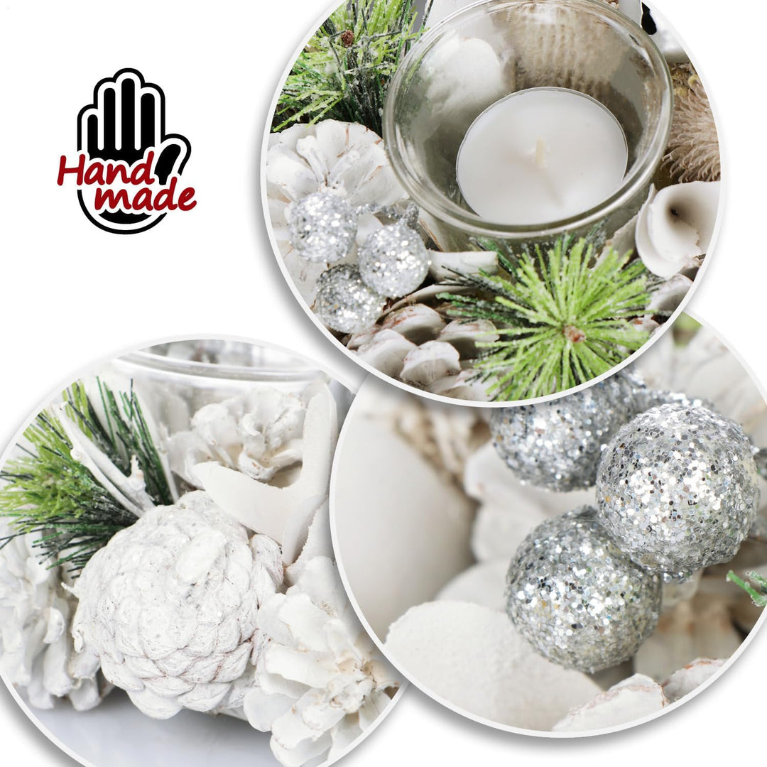 COM-FOUR® Tischkranz für Weihnachten - weisser Adventskranz mit Glitzer - Dekokranz mit 4 Teelichtha