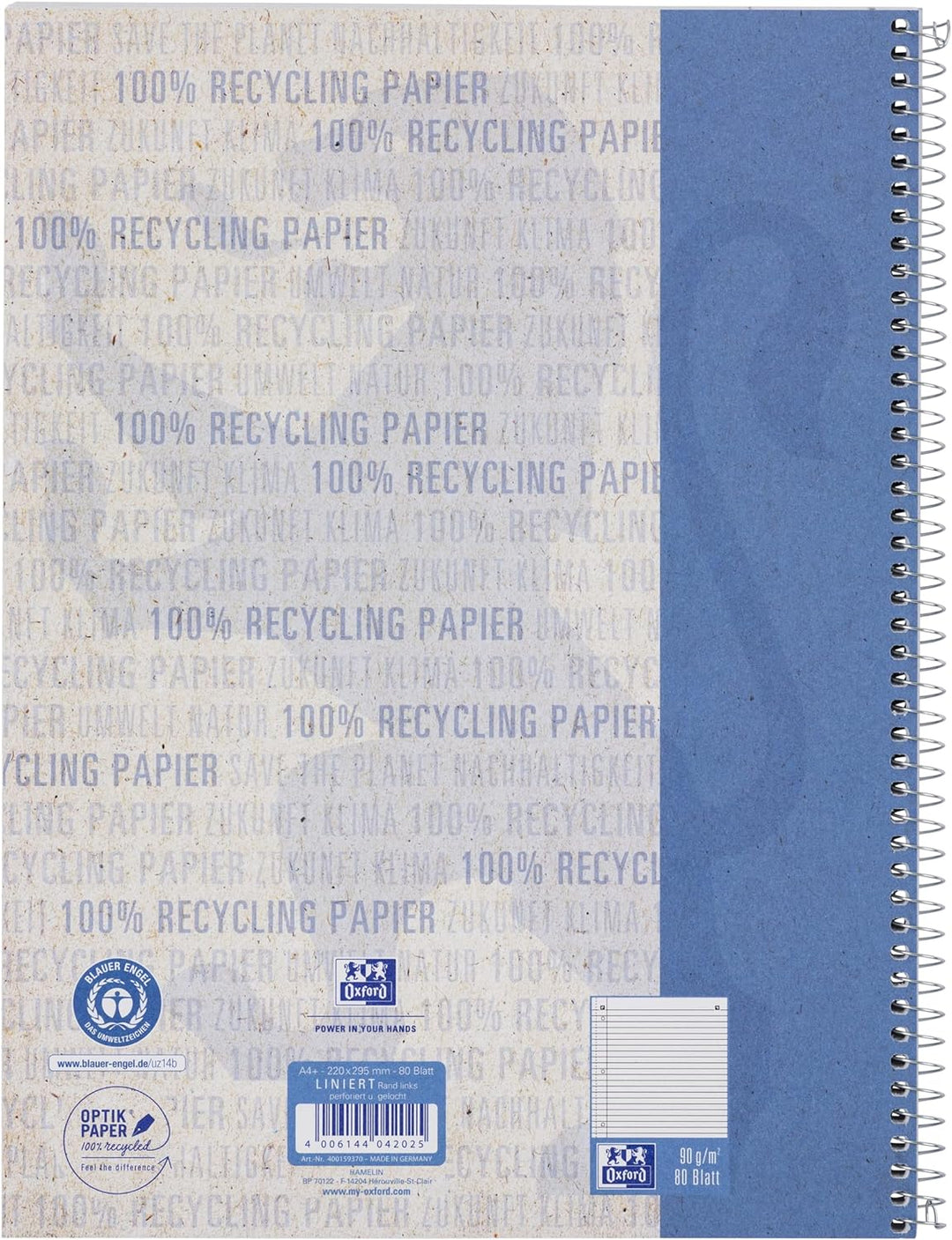 Oxford Recycling Collegeblock A4 liniert mit Rand links, 80 Blatt, 10 Stück, A4 liniert mit Rand lin