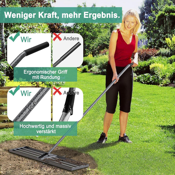 Rasenlevelrakete 114x25cm mit verstellbarem Stiel, rostschutzbeschichteter Rasenrechen aus Stahl für