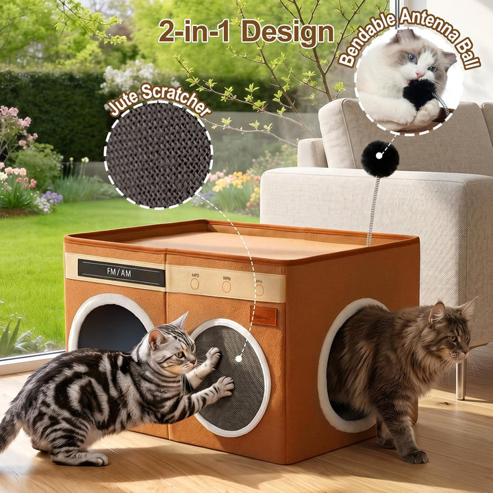 Retro Radio Katzenhaus, Grosses klappbares Katzenbett für Innen | Katzenhöhle mit Kratzbrett &amp; biegb