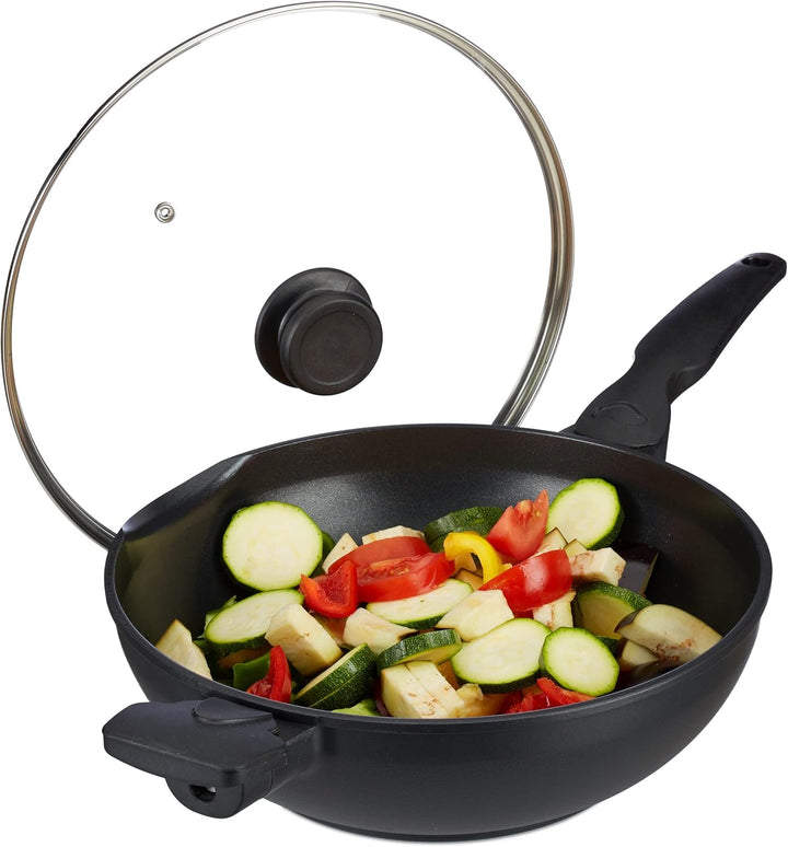 Relaxdays Wokpfanne mit Glasdeckel 30 cm, Wok mit Antihaftbeschichtung für Gas-, Elektroherd, Griff,