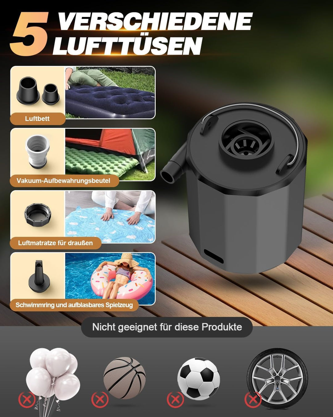 Mini elektrische luftpumpe, 5000Pa 1600mAh Akku-Luftpumpe mit 5 Luftdüsen &amp; LED-Licht, 180 L/min Inf