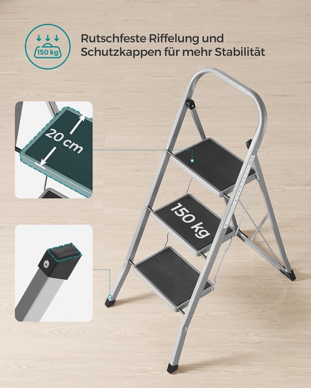 SONGMICS Klapptritt mit 3 Stufen, Trittleiter, Leiter, 20 cm breite Stufen, rutschfeste Gummimatten,