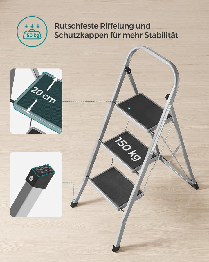 SONGMICS Klapptritt mit 3 Stufen, Trittleiter, Leiter, 20 cm breite Stufen, rutschfeste Gummimatten,