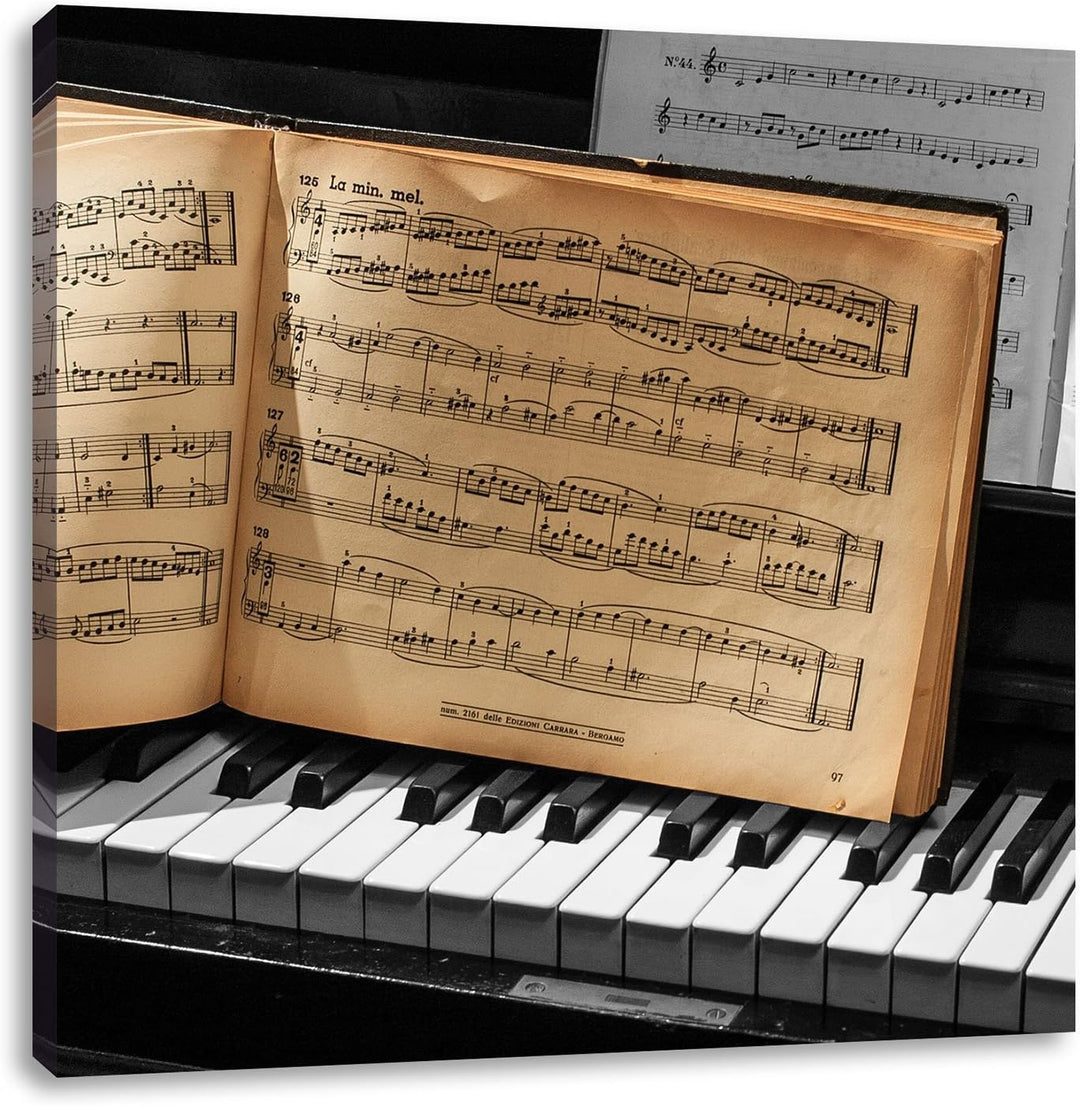 Pixxprint Notenbuch auf Piano als Leinwandbild/Grösse: 70x70 cm/Wandbild/Kunstdruck/fertig bespannt,