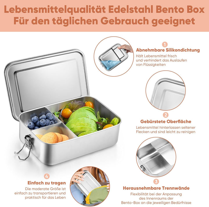 Joyfair Brotdose, Edelstahl Bento Box mit 3 Fächern, Vesperdose Lunch Box Auslaufsicher für Erwachse